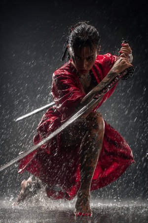 Beautiful asian woman warrior with katana sword in the rainの素材