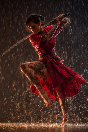 Beautiful young woman in a red dress with a sword in the rainの素材
