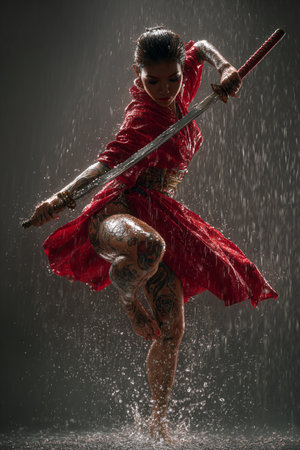 Beautiful woman in a red dress with a sword in the rainの素材