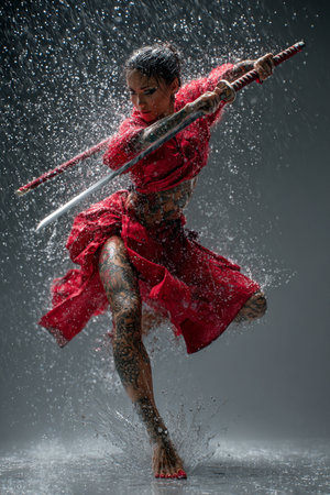 Young woman in red kimono with sword in water studio shotの素材