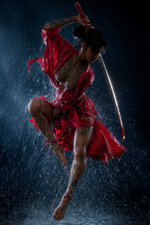 Beautiful asian woman in red dress with katana in the rainの素材