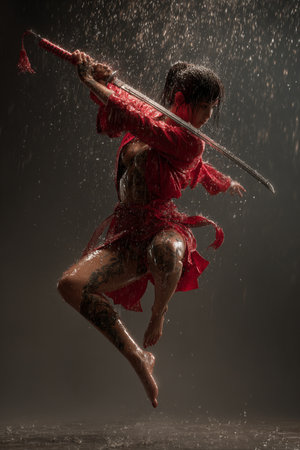 Girl in red dress with a sword in the rain on a dark backgroundの素材