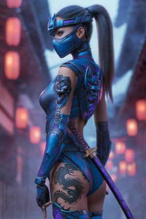 3D rendering of a female warrior with a sword in her handsの素材