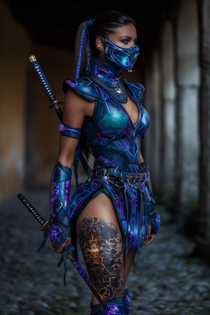 Warrior amazon woman with sword and armor. 3d rendering.の素材