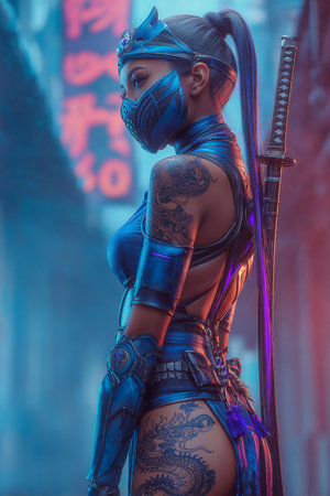 Warrior amazon woman with a sword in her hand. 3d rendering.の素材