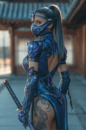 Portrait of a beautiful young woman in a futuristic costume with a swordの素材