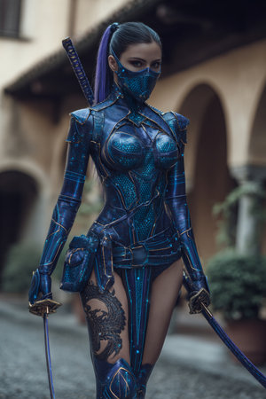 Futuristic female warrior with sword and armor in the city.の素材