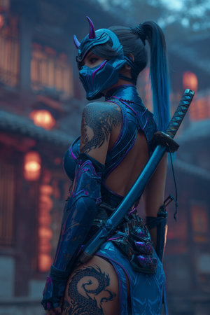Sexy female warrior with sword and helmet in the ancient city.の素材