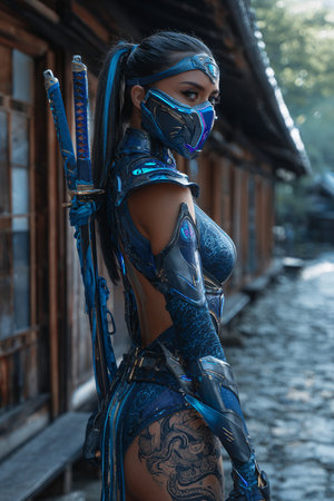 Beautiful asian girl in futuristic costume with sword in hand.の素材