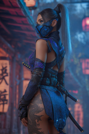 Portrait of a beautiful steampunk woman in deep blue armor and maskの素材