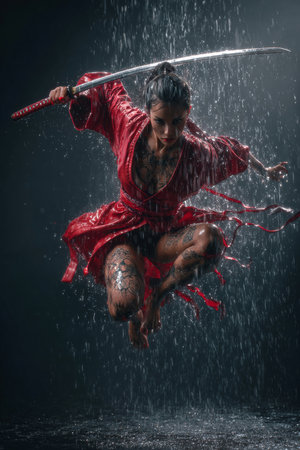 Beautiful woman in red dress with katana in the rain.の素材