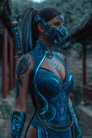 Beautiful asian woman in blue costume with sword in the templeの素材