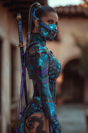 Portrait of a beautiful girl in a futuristic costume with a swordの素材