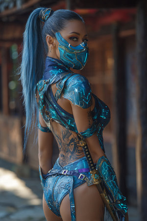 Beautiful african american woman with blue hair in futuristic costumeの素材