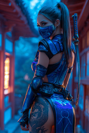 Beautiful asian woman with sword and mask in the Japanese templeの素材