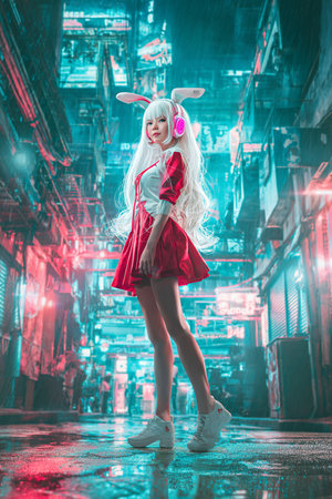 Beautiful asian woman in red dress and bunny ears over night city background.の素材