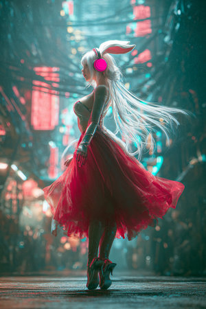 Beautiful young woman in a red dress dancing on stage in the theaterの素材