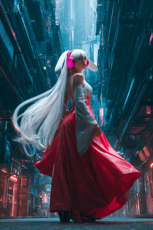 Beautiful young woman in a red dress with headphones dancing in the night city.の素材