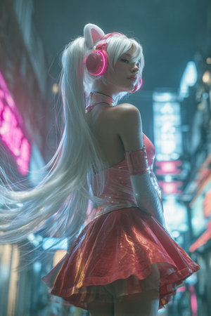 Beautiful girl in a red skirt and headphones on the background of the night cityの素材