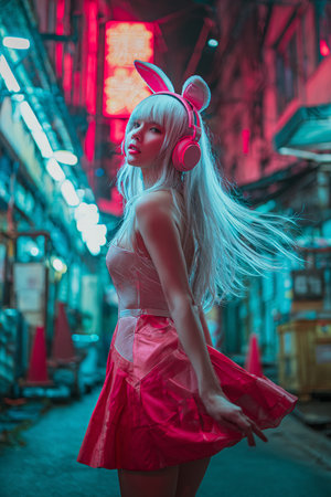 beautiful asian girl with headphones dancing in the city at nightの素材