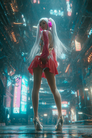 3d rendering of a beautiful girl in a red dress with headphonesの素材