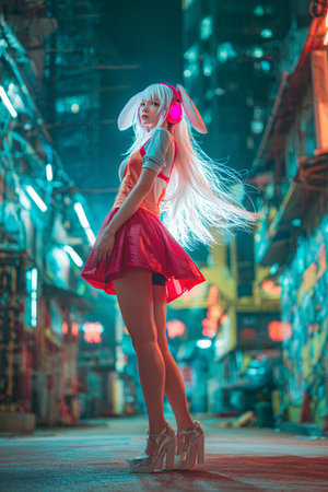 Beautiful blonde girl in a red skirt and white headphones dancing in the night city.の素材