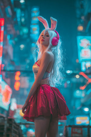 Unidentified girl wearing bunny ears in Times Square in Bangkok, Thailandの素材
