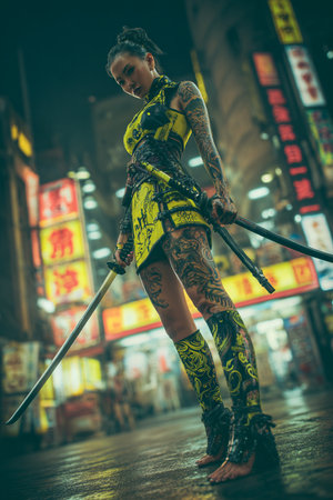 Beautiful asian woman in kung fu costume with sword in the cityの素材