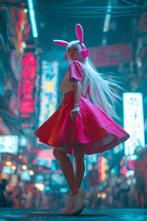 Unidentified Japanese anime cosplay pose in the street at night.の素材