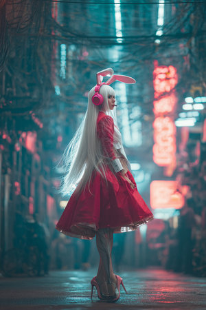 Beautiful girl in a red dress with bunny ears in the night cityの素材