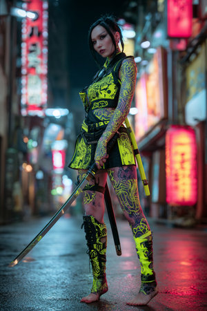 Beautiful asian woman with katana sword in the street at nightの素材