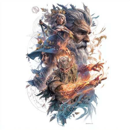 Fairy tale witch and man with fire on a white background.の素材