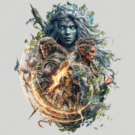 Fantasy portrait of two women with fire flames on her face.の素材