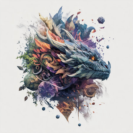 Colorful dragon head with watercolor splashes on a white backgroundの素材