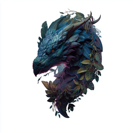 Dragon head with leaves isolated on white background. 3D illustrations.の素材