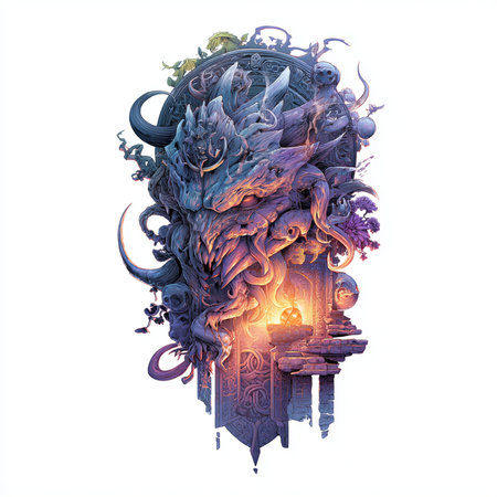 Fantasy illustration of a dragon with a fire in the background.の素材