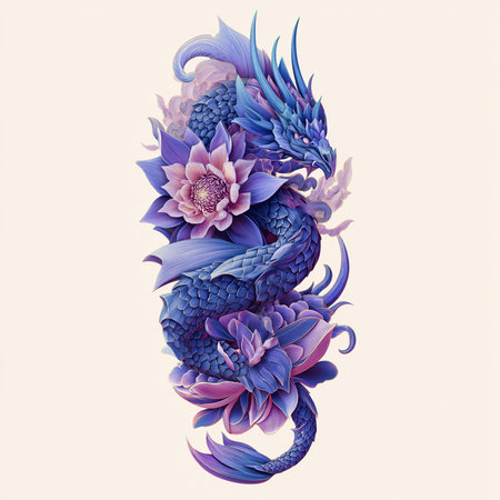 Tropical blue and purple watercolor dragon. Vector illustration.の素材