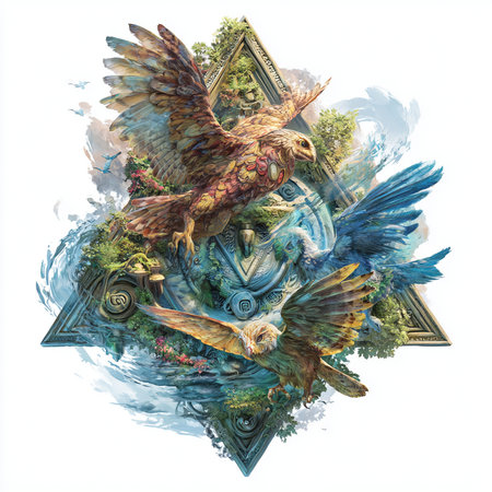 3D rendering of a fantasy landscape with an eagle on a white backgroundの素材