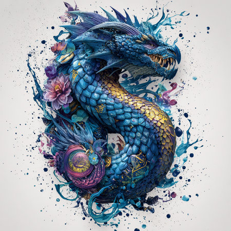 Colorful dragon with watercolor splashes on a white background.の素材