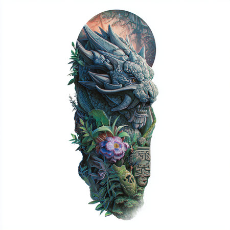 Dragon head with floral pattern on white background. 3D illustrations.の素材