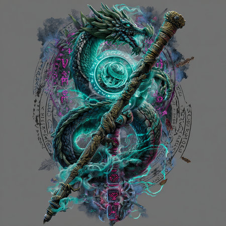 Dragon head with a sword and a dragon on a dark background.の素材