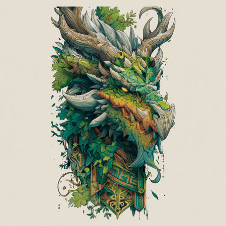 Hand drawn vector illustration of a dragon in the forest. Tattoo art.の素材