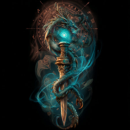3D illustration of a fantasy dragon with a sword in the universeの素材