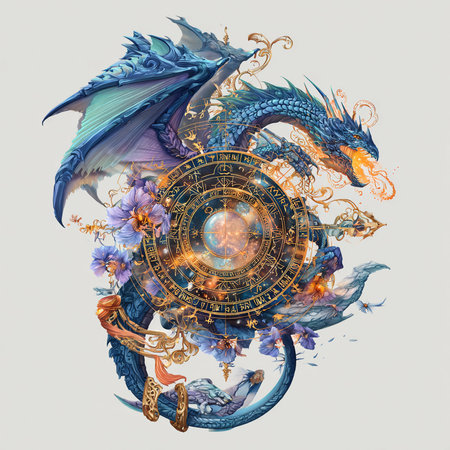 Zodiac sign. Astrological horoscope circle with dragon and flowersの素材