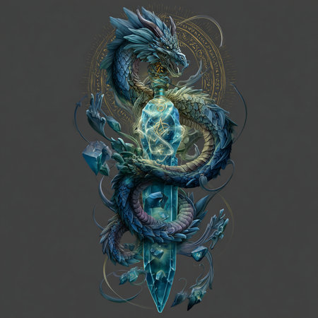 Fantasy dragon on a dark background. Tattoo art. Hand-drawn illustration.の素材