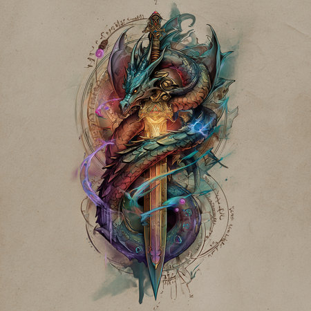 Colorful dragon head with music note. Hand-drawn illustration.の素材