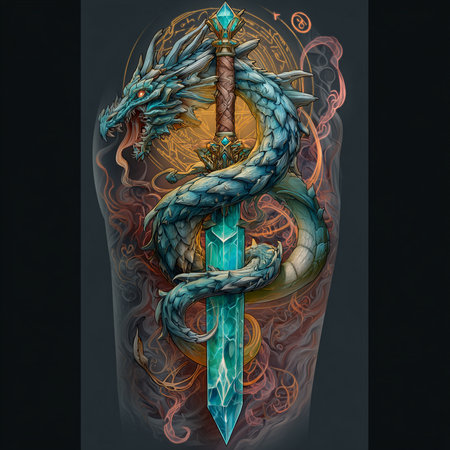 Illustration of a dragon head with a dagger in the background.の素材