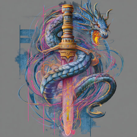 Viking sword in the form of a dragon on a colorful background.の素材