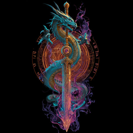 Dragon with astrological symbol on a black background. Colorful illustrations.の素材