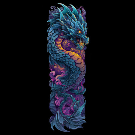 Colorful dragon on a black background. Tattoo art design.の素材